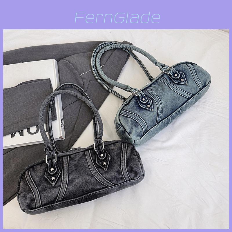Denim Baguette Shoulder Bag For Women With Vintage Style And Zipper Closure For Daily Use