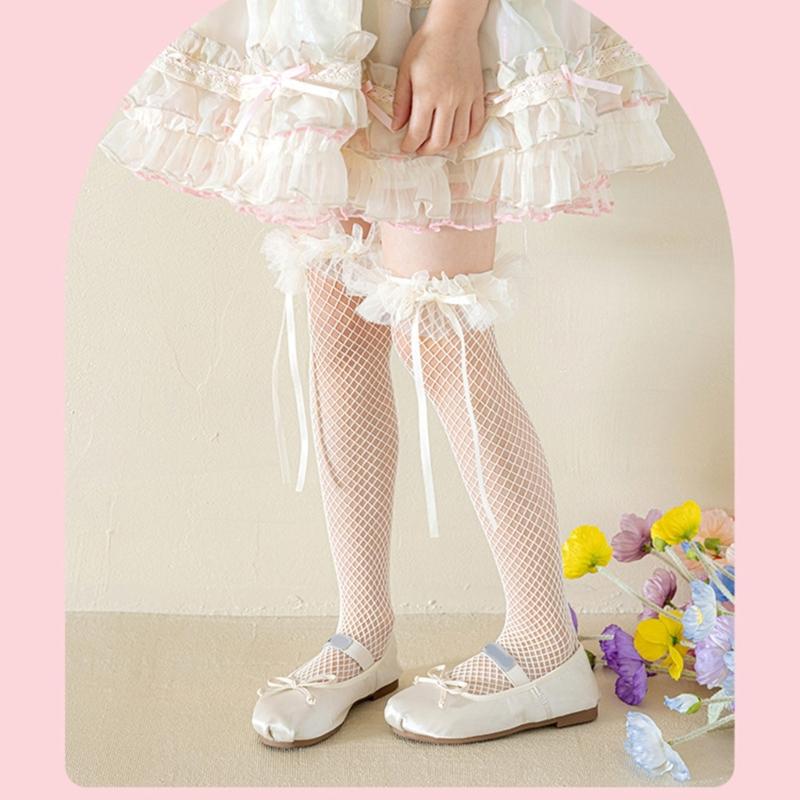 Breathable Lace Sweet Socks for Kids Feature Lovely Bowknot Edges, Lovely Girls In Tube Socks for Summer Outfits
