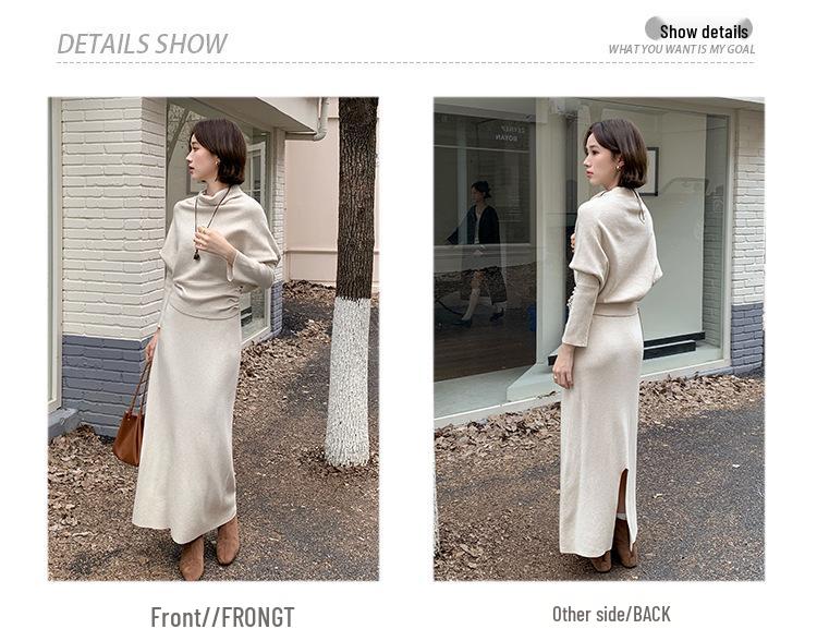 Korean Style Women's Knit Top & High Waist Skirt Set with Buttoned Waist-cinching and Loose High Neck Design