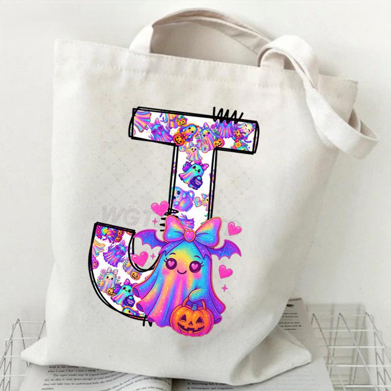 Halloween Alphabet Canvas Bag Going Out Portable Handbag Women's Large Capacity Casual Shoulder Crossbody Bag