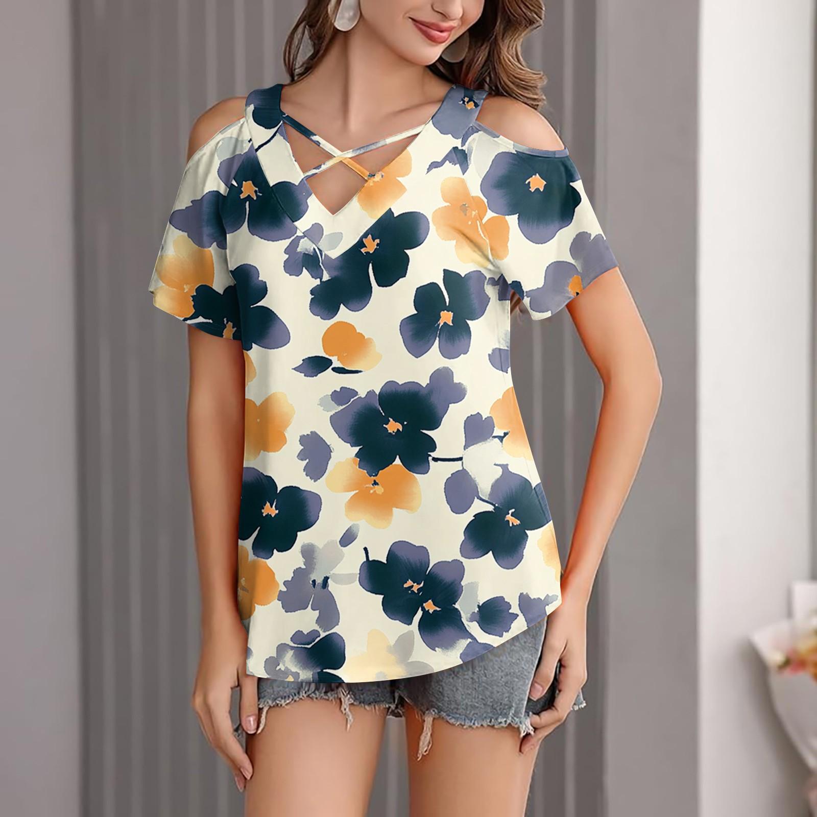 

Женская повседневная футболка с цветочным принтом, открытыми плечами, V-образным вырезом и короткими рукавами M жёлтый