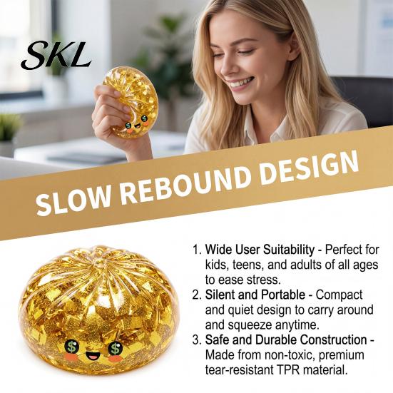 Tactile Sensory Toy Gold Foil Steamed Bun Squeeze Stress Ball, Cute Food Shape Fidget Visual Atmosphere for Anxiety Relief, Soft Elastic Maltose