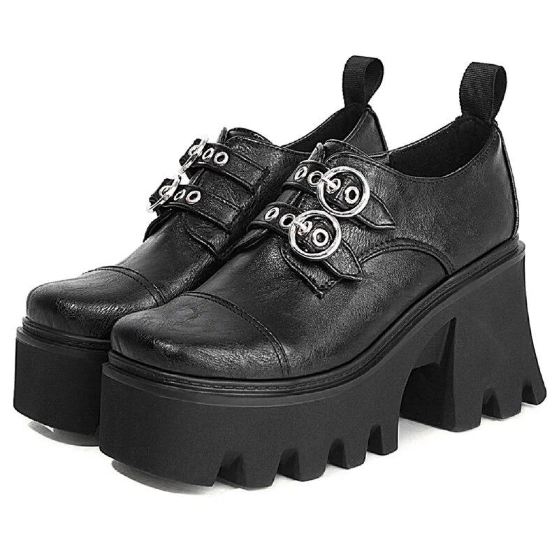 Gothic Oxfords Shoes For Women Pu Leather Black Red Flats Platform Chunky Heels Women Pumps Japanese Buckle Shoes Girls Est