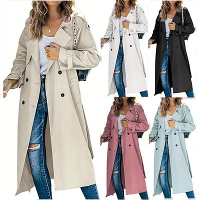 Women Vintage Long Trench Coat Classic Double-Breasted Lapel Long Sleeve Windproof Overcoat with Belt Elegant Jackets Streetwear
