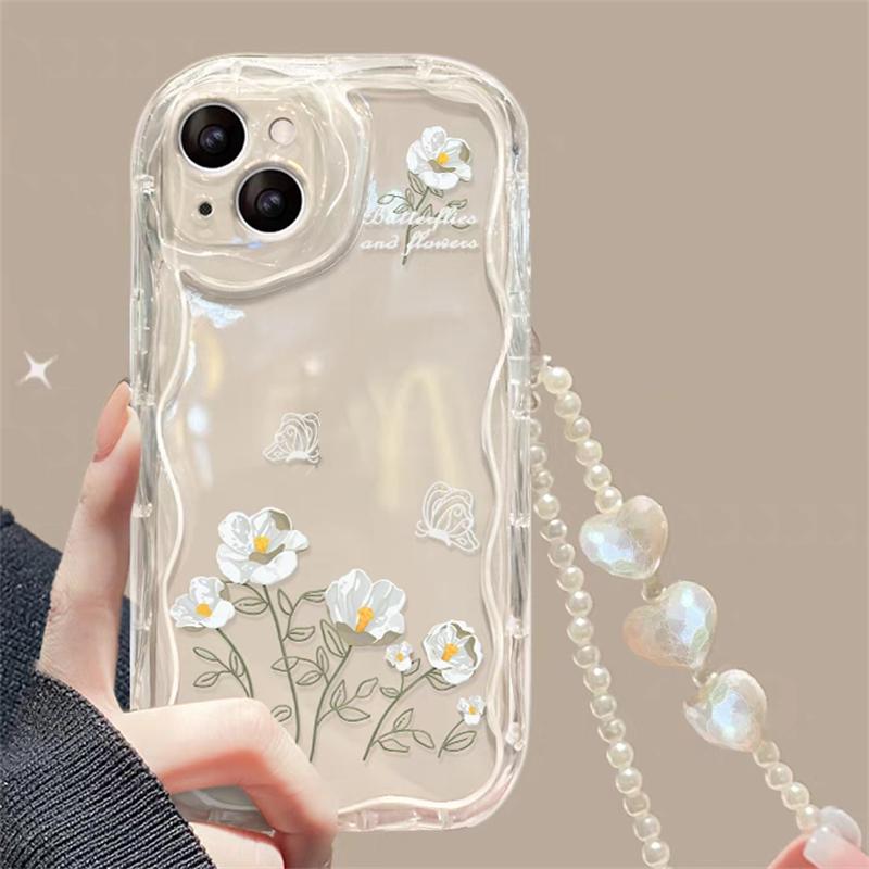 3D Flower Pearl Chain Phone Case For Xiaomi Redmi Note 12 4G Note 14 13 Pro Plus 5G 11 10 11S 12S 14C 13C 12C 9C 10C 9A 9 A1 A2