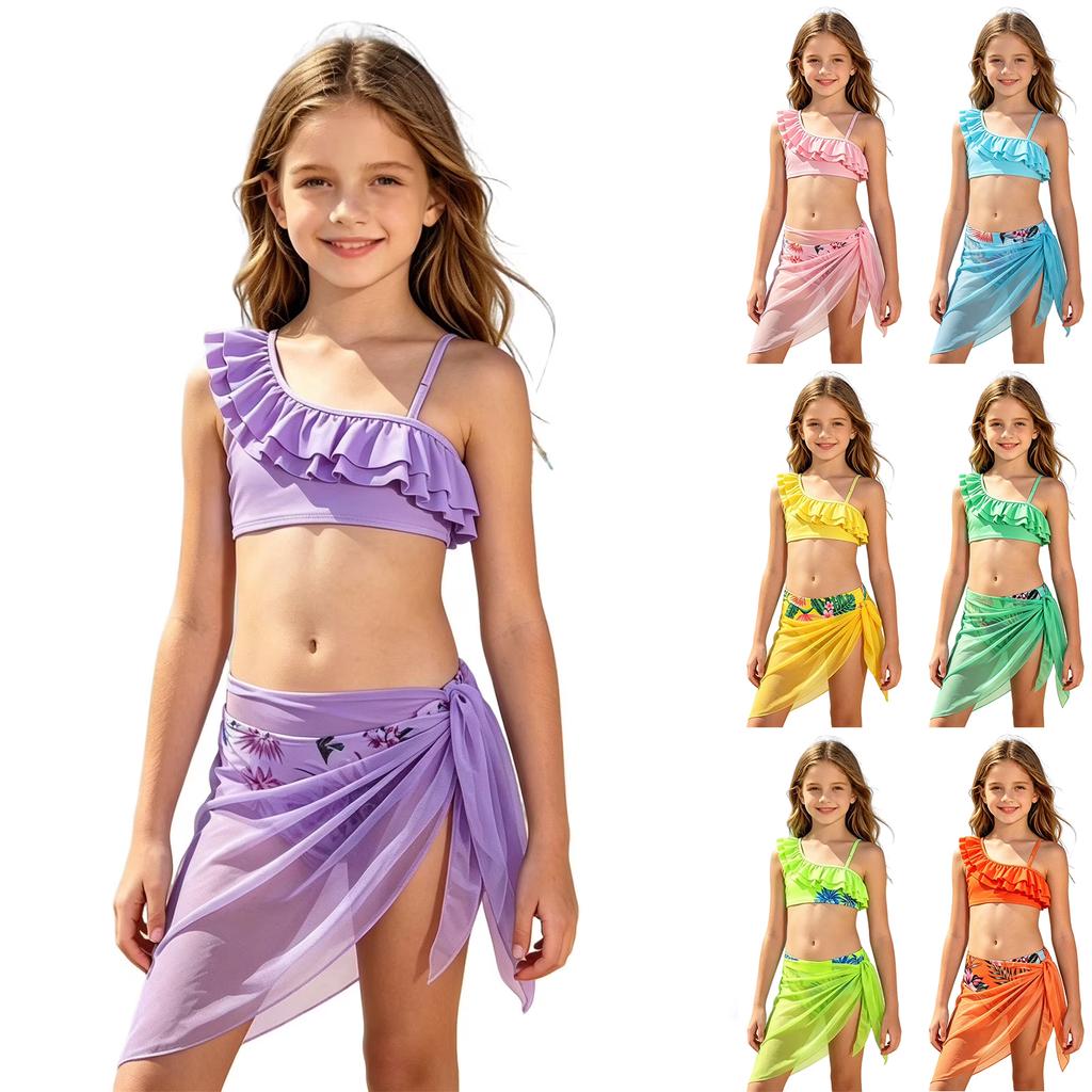 Ensemble de Maillot de Bain Deux Pièces pour Filles Haut Bikini Volanté Une Épaule avec Sangle Réglable et Paréo en Maille Couvrant Tenue de Plage pour Enfants