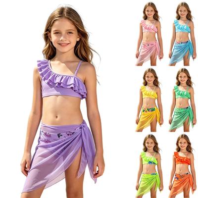 Conjunto de Bikini de Dos Piezas para Niñas con Volantes en un Hombro y Tirante Ajustable, con Sarong de Malla para Cubrir, Ropa de Playa para Niños