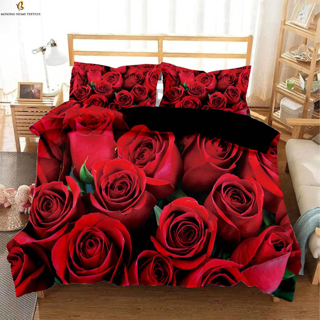Valentine Day Romantic Red Rose Printing Quilt Cover Black White Color Matching Bedding Set Pillowcase Curtain Polyester