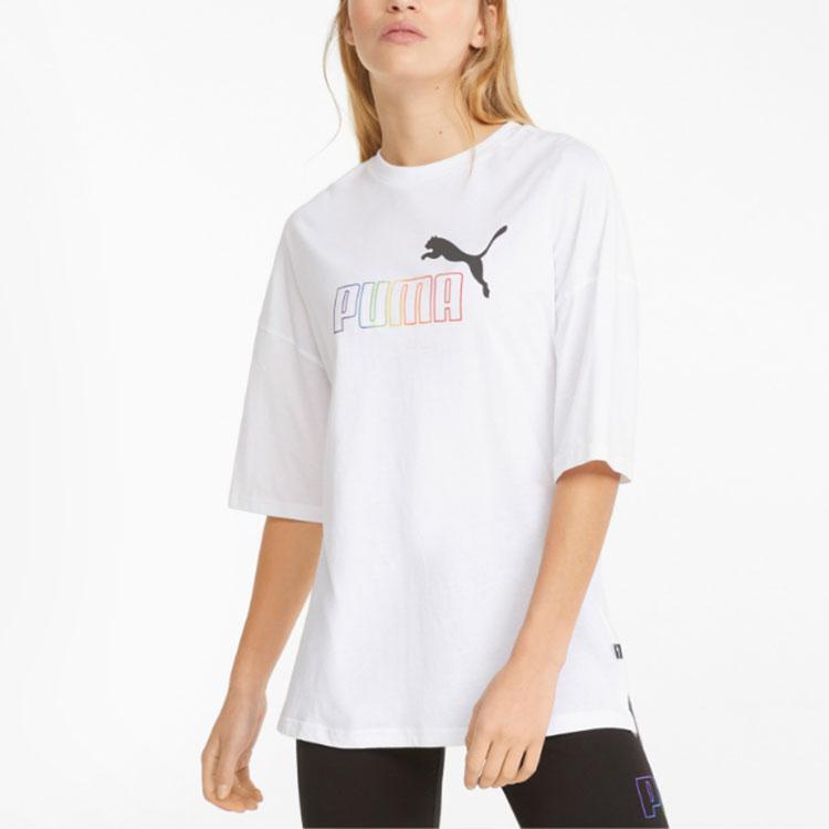 Puma Colorful Vintage Print Logo Short Sleeve T-Shirt With Dropped Shoulders SS22 Women Tops White 670948-02