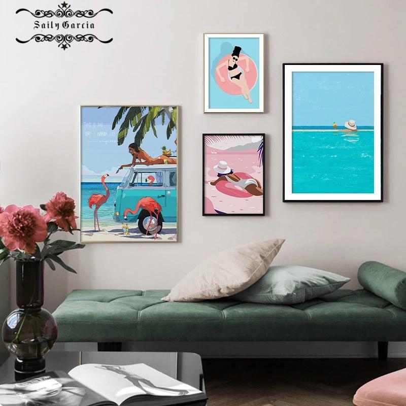Cartoon Swimming Pool Summer Seaside Vacation Illustration Canvas Painting Wall Art Poster Print Picture Living Room Home Decor