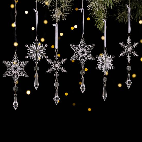 6 Pcs Acrylic Crystal Christmas Ornament Sparkling Clear Snowflake Hanging Ornaments with Drop Pendants for Winter Chandelier Xmas
