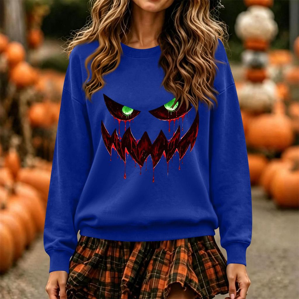 Women's Halloween Print Long Sleeve Neck Sweatshirt Fashion Casual Pullover