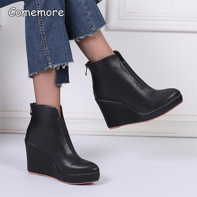 White Women's Platform Ankle Boots Pu Leather Pointed Toe Back Zipper Wedges Heel Fashion Casual Booties Size35-42 Bottes Femmes
