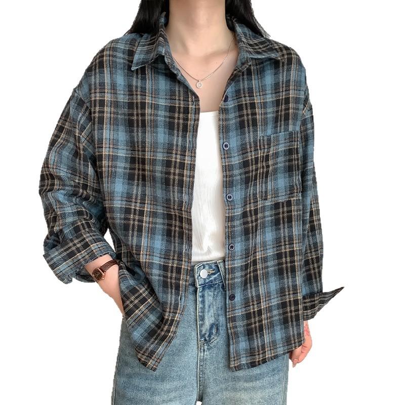 Korean retro lapel long-sleeved shirt spring and autumn new plaid casual loose and thin versatile fashion top jacket