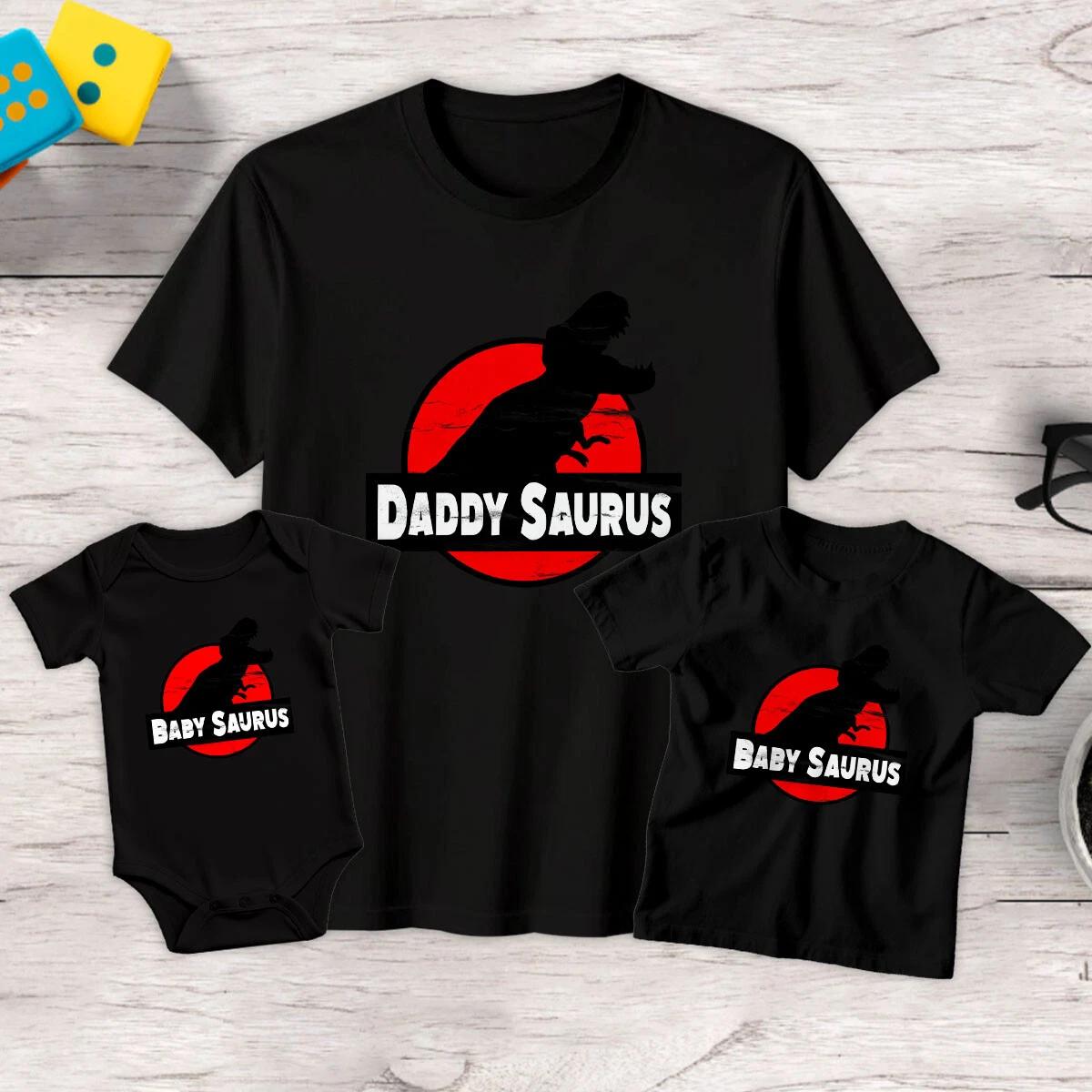 Daddy Saurus Baby Saurus Mens Kids Funny Fathers Day T-Shirt Tee Baby Romper #FD S