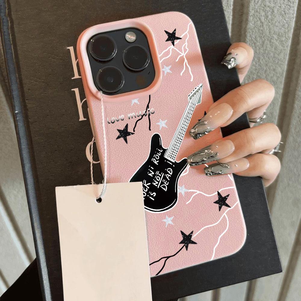 HEISS Niedliche Gitarre Musik Katze Litschi Leder Muster Handyhülle Für Samsung S26 S25 S24 S23 S22 S21 S20 S10 Plus FE Ultra 4G 5G