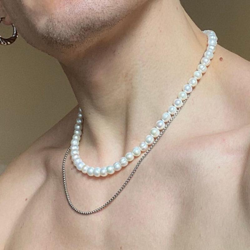 Ins Internet celebrity style personality fashion splicing pearl thin chain necklace men's trendy double collarbone chain hip hop