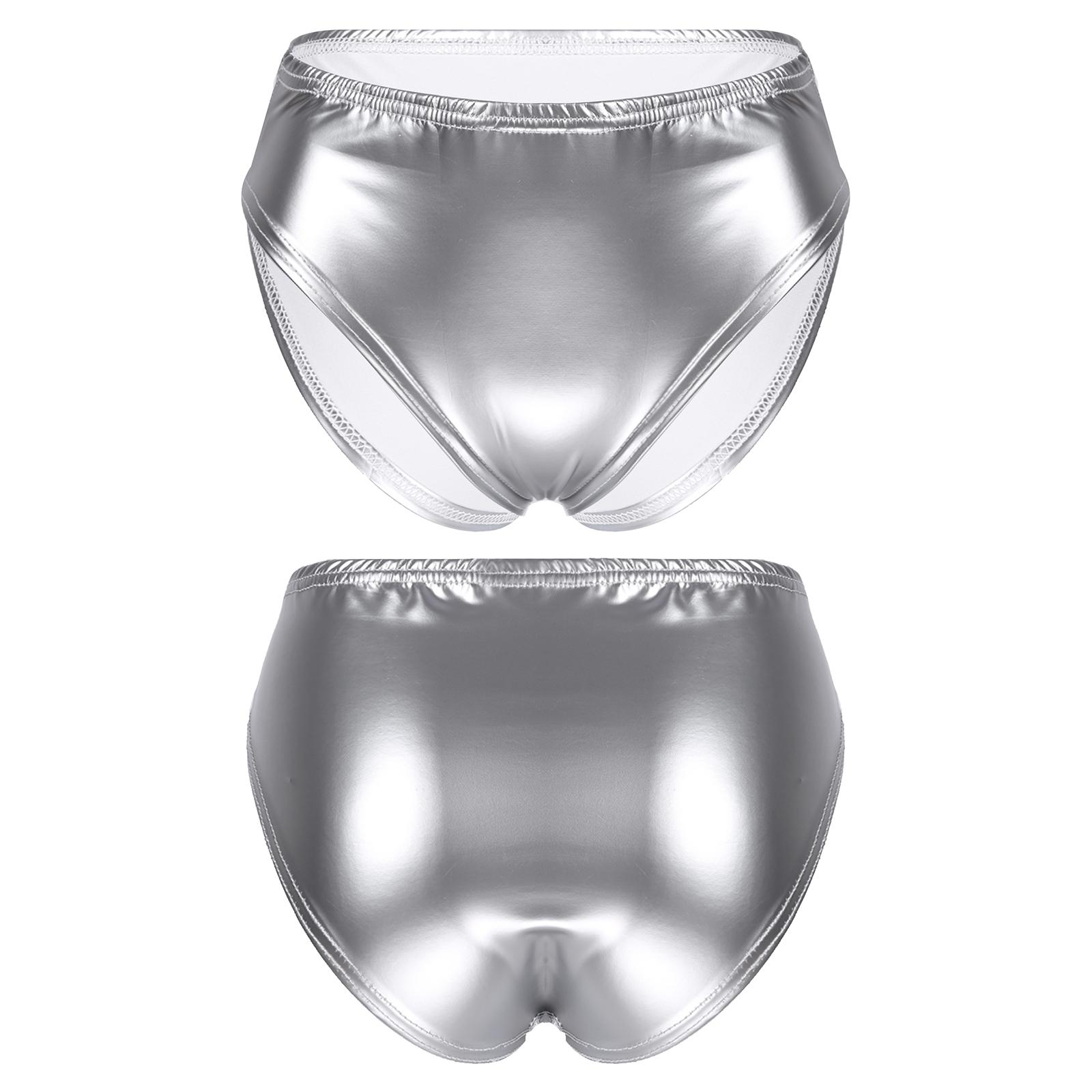 

Жіночі мокрі трусики з лакованою шкірою та еластичним поясом. Танцювальні фестивальні рейв-труси XXL срібний