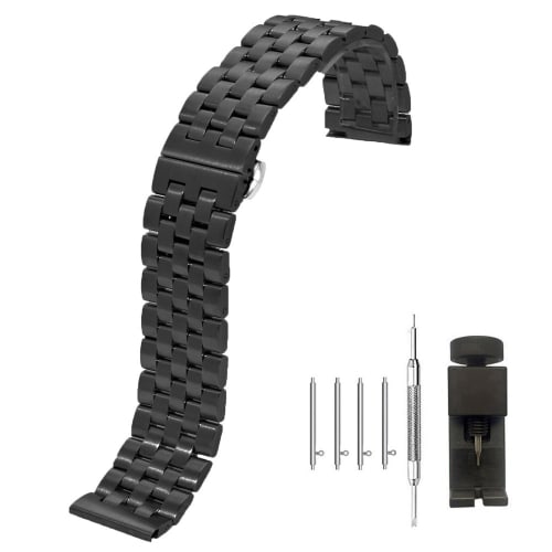 Kai Tian Quick Release 20mm Black Metal Watch Strap, Five-Row Replacement Strap, Matte Surface, Bracelet for Men and Women, Stainless Steel Watch Band