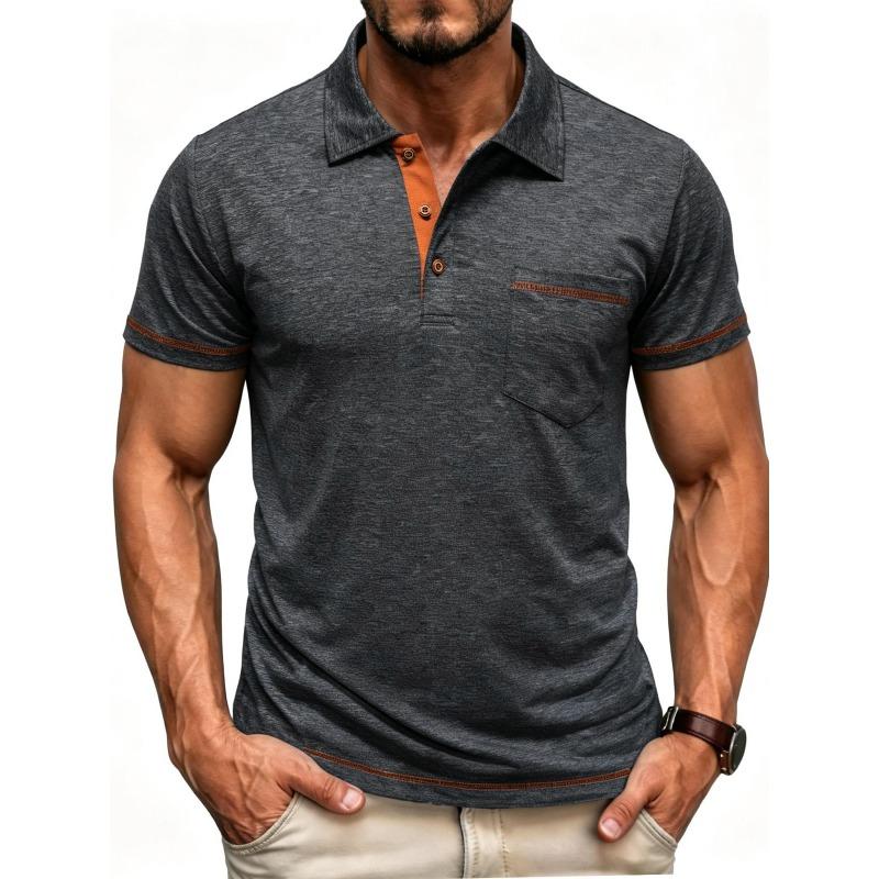 Men s Contrast Trim Short Sleeve Polo Shirt with Chest Pocket S серый