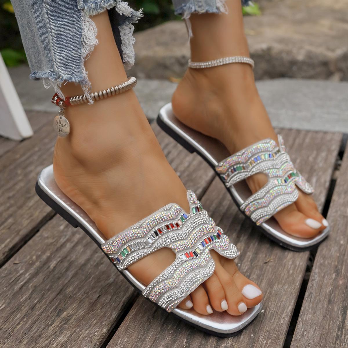 

Тапочки на плоской подошве с кристаллами, женские роскошные шлепанцы с квадратным носком и открытым носком, летние пляжные сандалии 2025 года, модные шлепанцы Zapatos Mujer 36