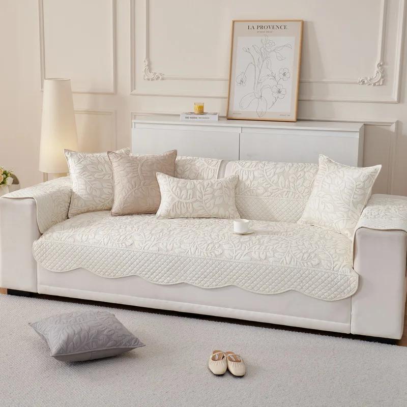 Pure Cotton Embroidered Wave Edge Sofa Cushion Four Seasons Universal Anti Slip Seat Cushion Simple Dustproof Couch Cover Cloth