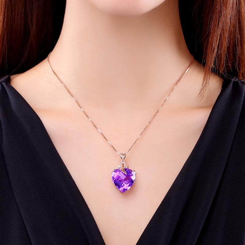 18K Gold Plated Amethyst & Diamond Heart Pendant Necklace with Creative Flower Leaf Design
