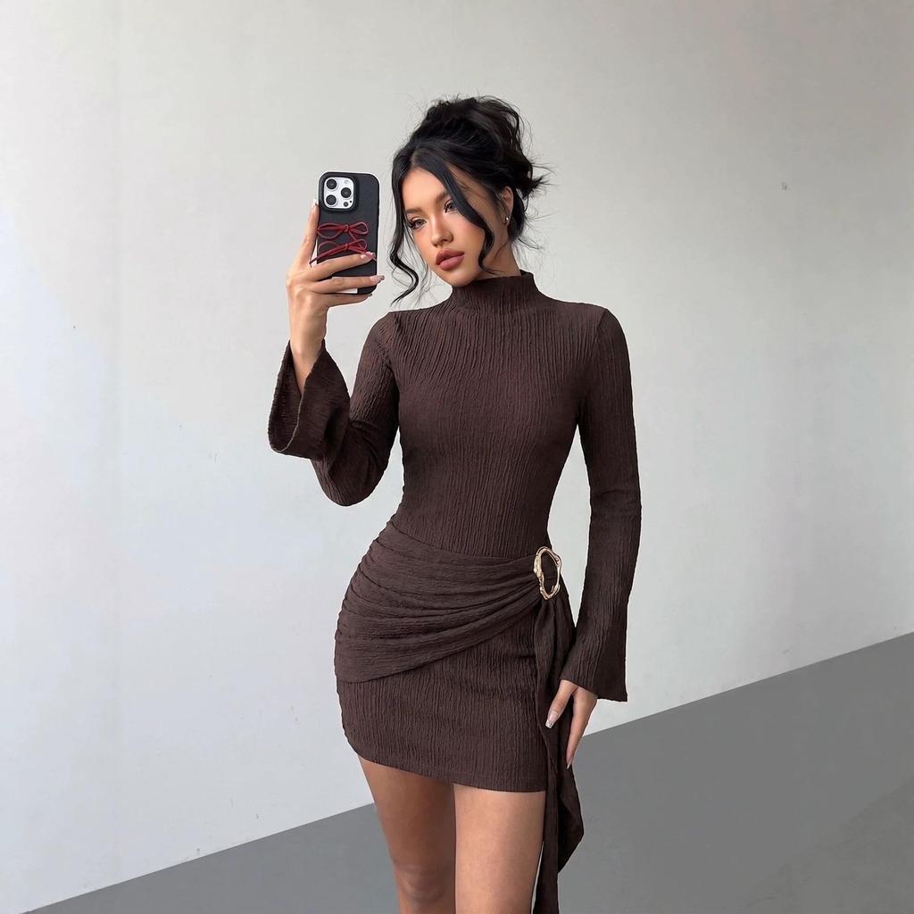 2026 Autumn Slim Fit Knit Dress with Metal Buckle and Ribbon