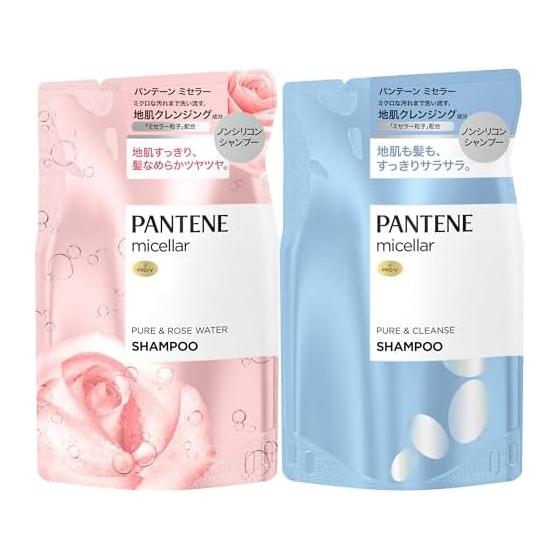 Pantene Non-Silicone Shampoo Refill 350mL x 2 Pure & Rose Water + Pure & Cleanse Micellar