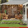 2D Wild West Farmhouse Tapestry, Rustic Cowboy Scene with Cactus and Saddle Wall Decor