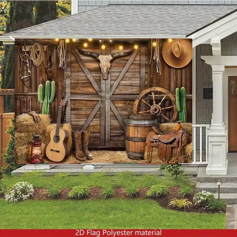 2D Wild West Farmhouse Tapestry, Rustic Cowboy Scene with Cactus and Saddle Wall Decor