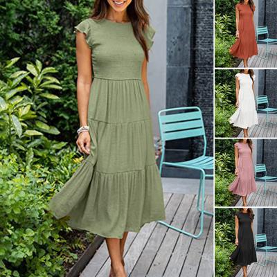 Damenkleid Flatterärmel Großer Saum Sommer Gesmoktes Stufenkleid Streetwear