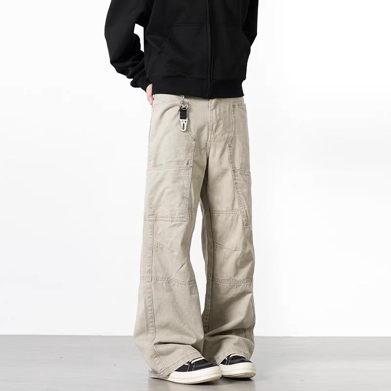 Splicing multi-pocket tooling casual pants men's versatile casual simple and comfortable loose wide-leg straight solid-color trousers