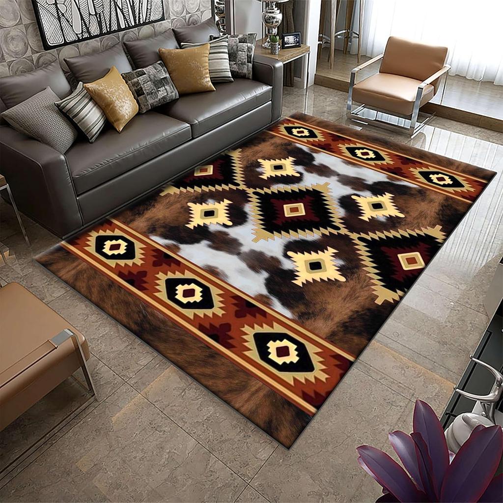 Weiß Braun Kuhfellmuster Bereichsteppich Ethnischer Stamm Pfeil Azteken Südwesten Indianisch Innenbereich Rutschfest Westliches Dekor Fußmatte