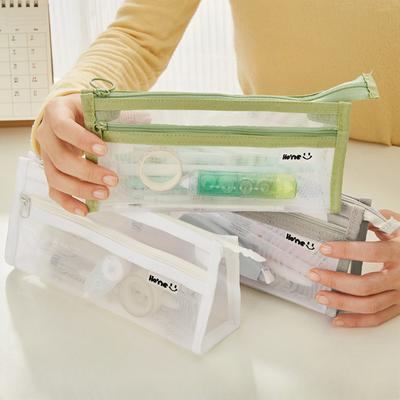 Simplicity Pencil Case Two Layer Nylon Transparent Pencil Bag Visiable High Capacity Stationery Storage Bag Student Supplies