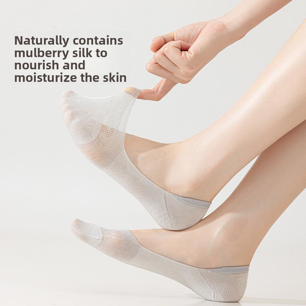 5 Pairs of Summer Mulberry Silk Stockings, Ultra-thin and Invisible Boat Socks, Silicone Anti-slip Mesh Solid Color Short Socks