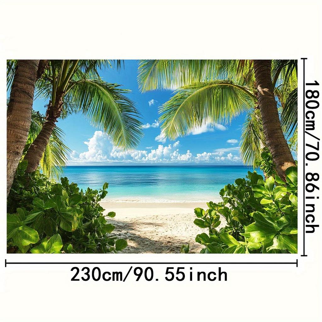 A photography background cloth showcasing the tropical beach scenery is suitable for a summer-themed party banner