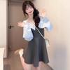 Korean One-word Shoulder Lantern Sleeve Off-the-shoulder A-word Short Skirt Female Students Summer New Striped Fake Two-piece Dress Tide