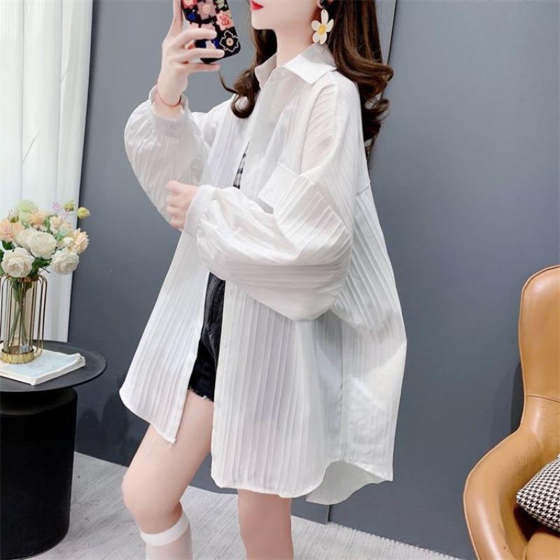 Women Casual Loose Thin Breathable Striped Long Sleeve Sunscreen Shirt Blouse