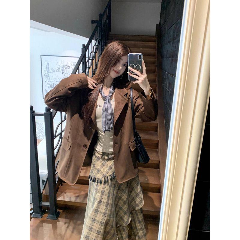

Fancy Elegant Outfit Retro Suede Suit Jacket Long-Sleeved Women s Autumn Stylish Skirt Three-Piece Suit Silk scarf M