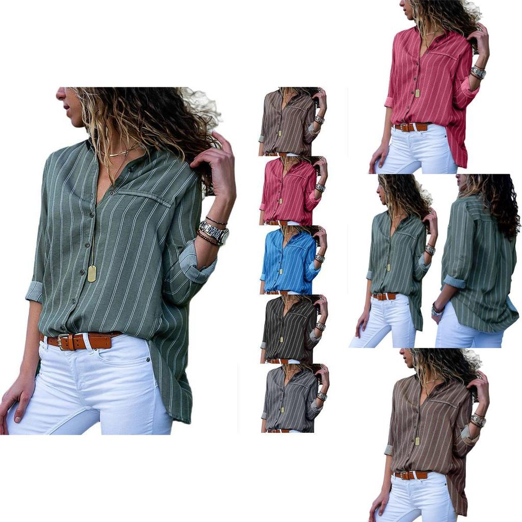 Women Autumn Striped Floral Long Sleeve Button V Neck T Shirt For Casual Chic