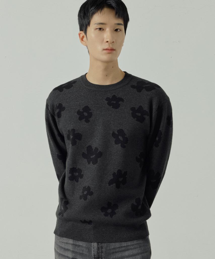 210EDIT Unisex Flower Jacquard Round Knit [Charcoal]_Zg1Sw021