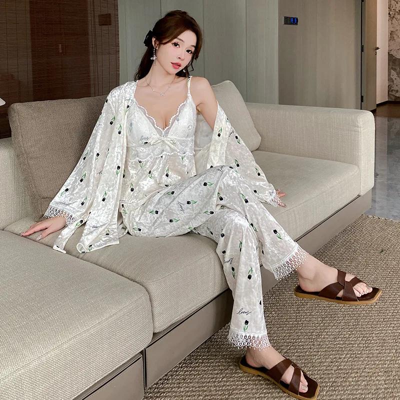 

Пижамный комплект из 3 предметов, подтяжки, халат, женственная кружевная пижама, осенне-зимняя бархатная домашняя одежда, пижама, повседневная одежда XL