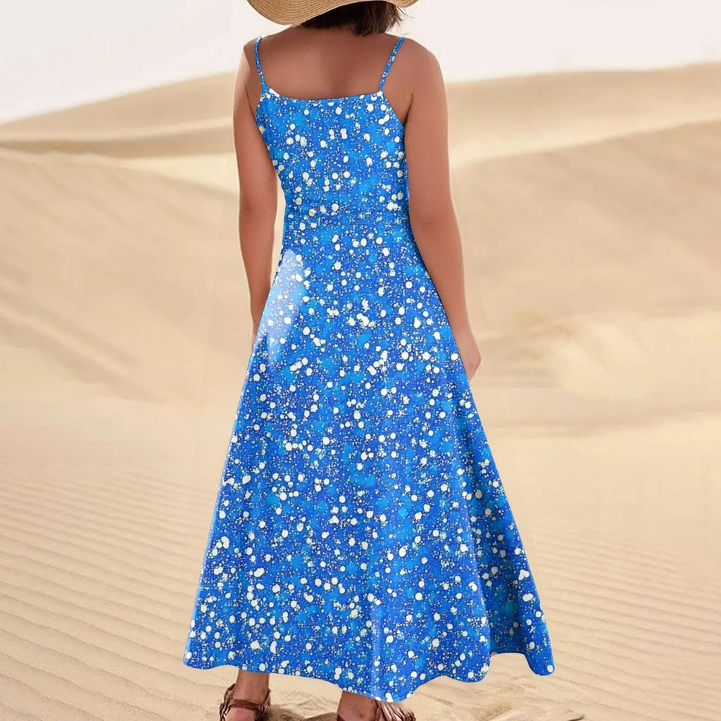 Women's Fashion Casual Floral Print Sleeveless Pocket Long Beach Dress