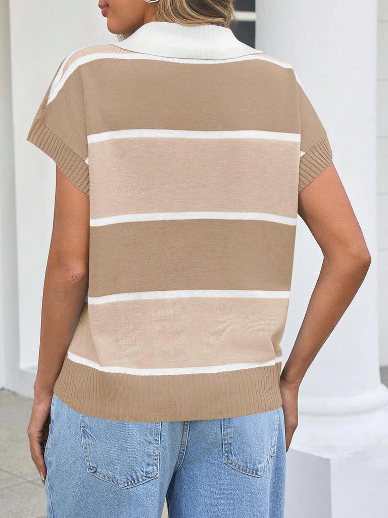 Women's Striped Short Sleeve Knit Sweater V Neck Button Down Color Block Loose Top