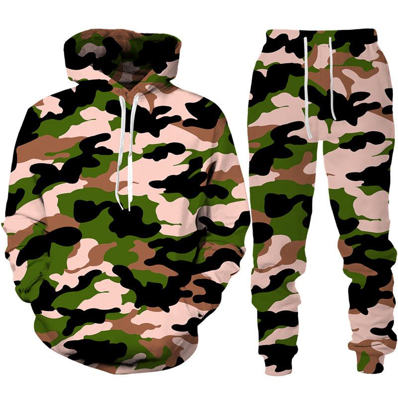 Nuovo Completo Tuta con Cappuccio e Pantaloni da Uomo Camouflage Stampa Felpe con Cappuccio Tute Sportive Casual Abbigliamento alla Moda da Uomo Set da 2pz