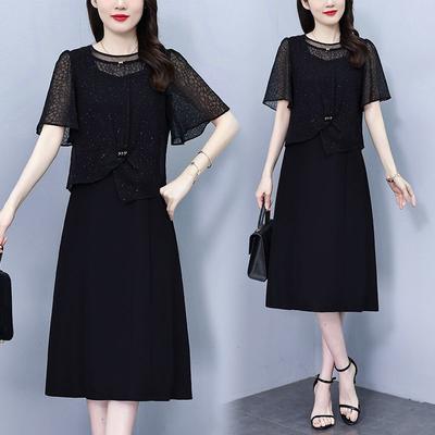 Premium Women Fake Two Piece Casual Dress Summer Elegant Trendy Mid Length Dress Hide Belly Fat Slimming Fashion