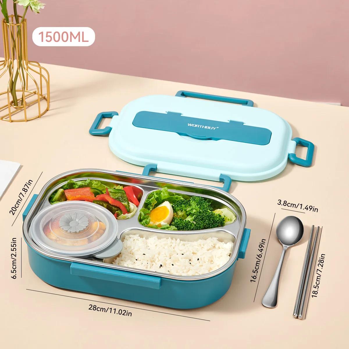 

4/5 Compartment Microwave 304 Stainless Steel Bento Lunch Box Set With Cutlery Large Capacity Sealed Lunch Container For Student 1500ml
