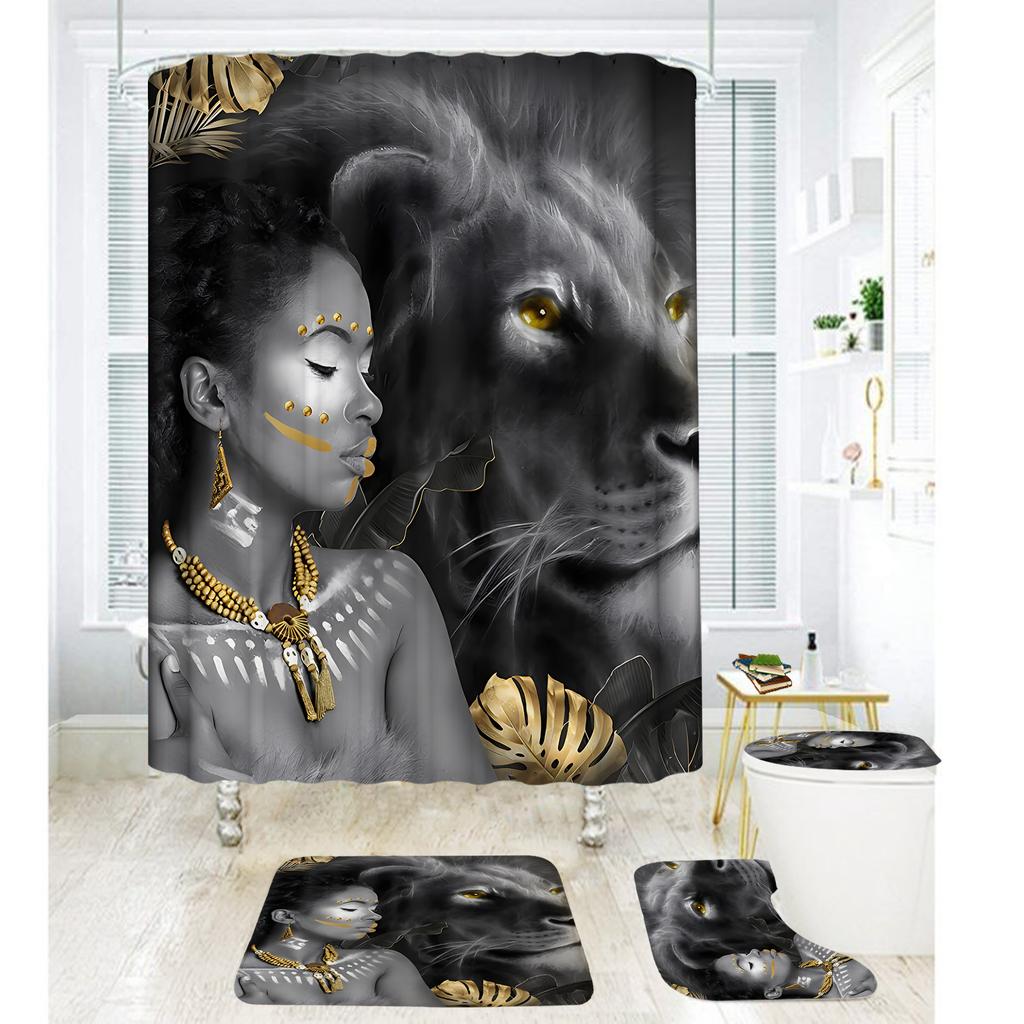 Bathroom Shower Curtain Four-Piece Digital Printing African Animal Waterproof Shower Curtain Shower Curtain Partition Curtain Bath Mat