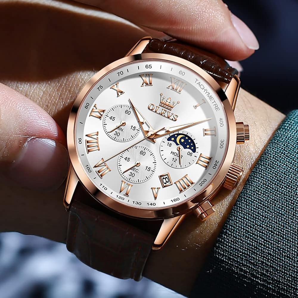 OLEVS Men's Analog Watch Brown Leather Band Waterproof Large Dial Quartz with Date and Luminous Features